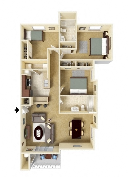 Floor plan for 3 beds, 2 baths, 1208 sqft